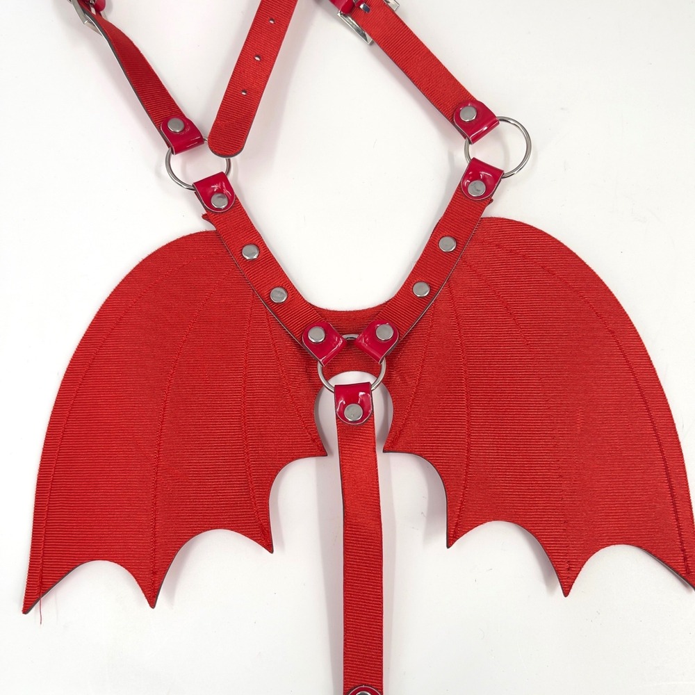 Red Patent Vinyl Demon Bat Wing Body Harness Devil Rave Festival Costume OS View 4